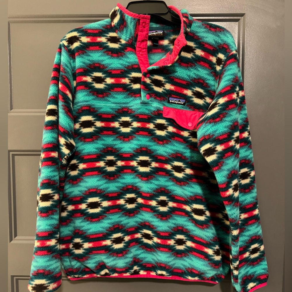 Patagonia Fleece Pullover - Turquoise, Red & Cream Aztec